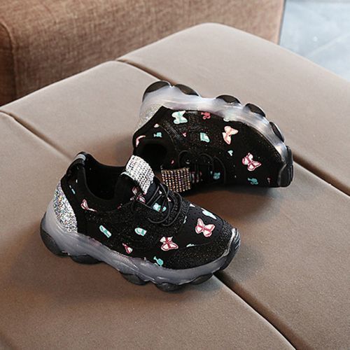 Rhinestone Sequins Children's Sports Shoes Boys Breathable LED Black Shoes