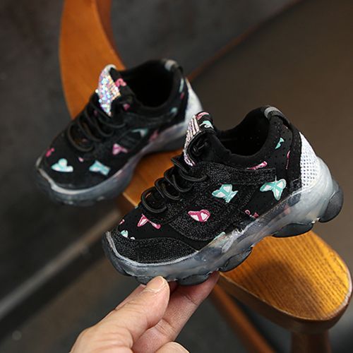 Rhinestone Sequins Children's Sports Shoes Boys Breathable LED Black Shoes