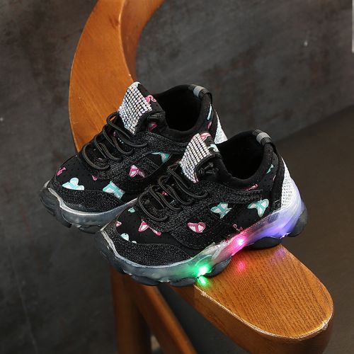 Rhinestone Sequins Children's Sports Shoes Boys Breathable LED Black Shoes