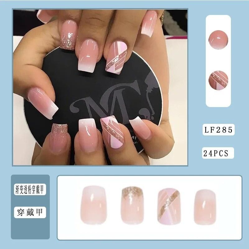 24Pcs/Set Fake Nails Shiny Nail Patch Sweet Style Short Paragraph Nude Color Nails Removable Manicure DIY Nail Art Decor