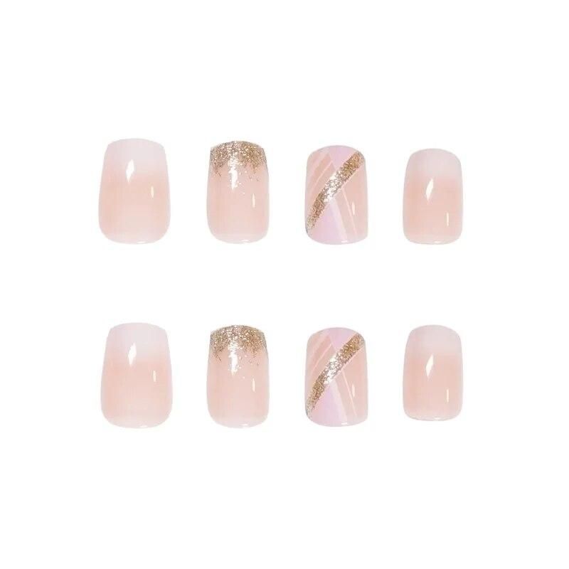 24Pcs/Set Fake Nails Shiny Nail Patch Sweet Style Short Paragraph Nude Color Nails Removable Manicure DIY Nail Art Decor