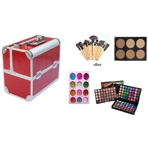 Professional Make Up Box- Red & Silver With 24 Set Pro Bamboo Brush + 6 In 1 Powder/Contour/Bronzer + 120 Eyeshadow Palette And Free Glitter (Random Colour) Plus Redcherry Lashes