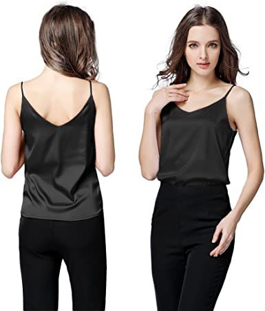 Women's Satin Silk Tank Top V-Neck Blouse Camisole Loose Sleeveless Shirt Black