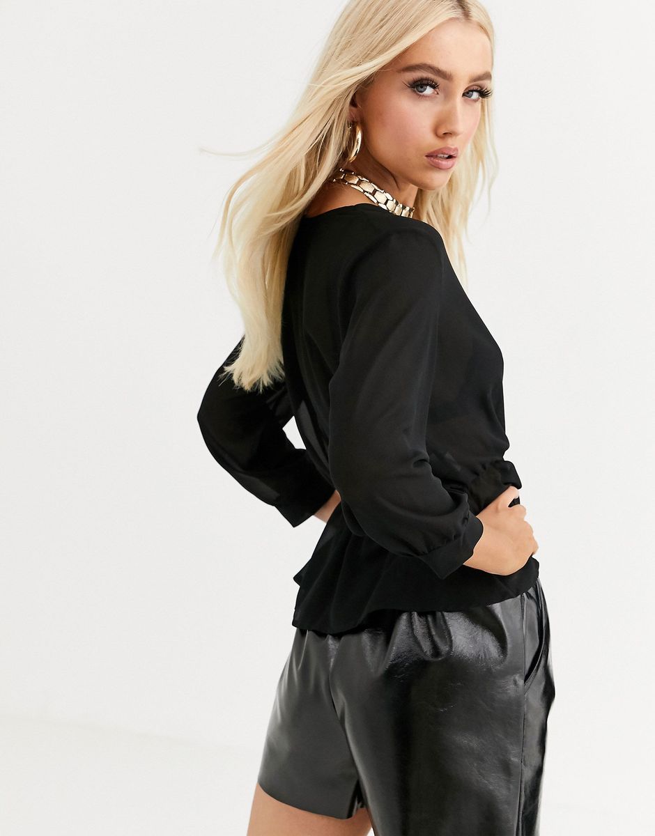 Basic Wrap Peplum Blouse- Black