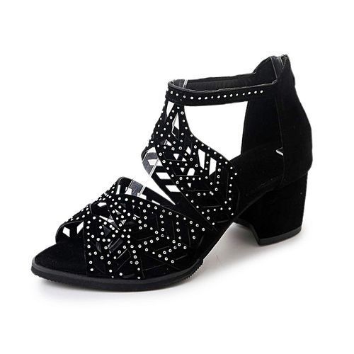 Ladies Moderate Block Heel Sandal With Diamond - Black