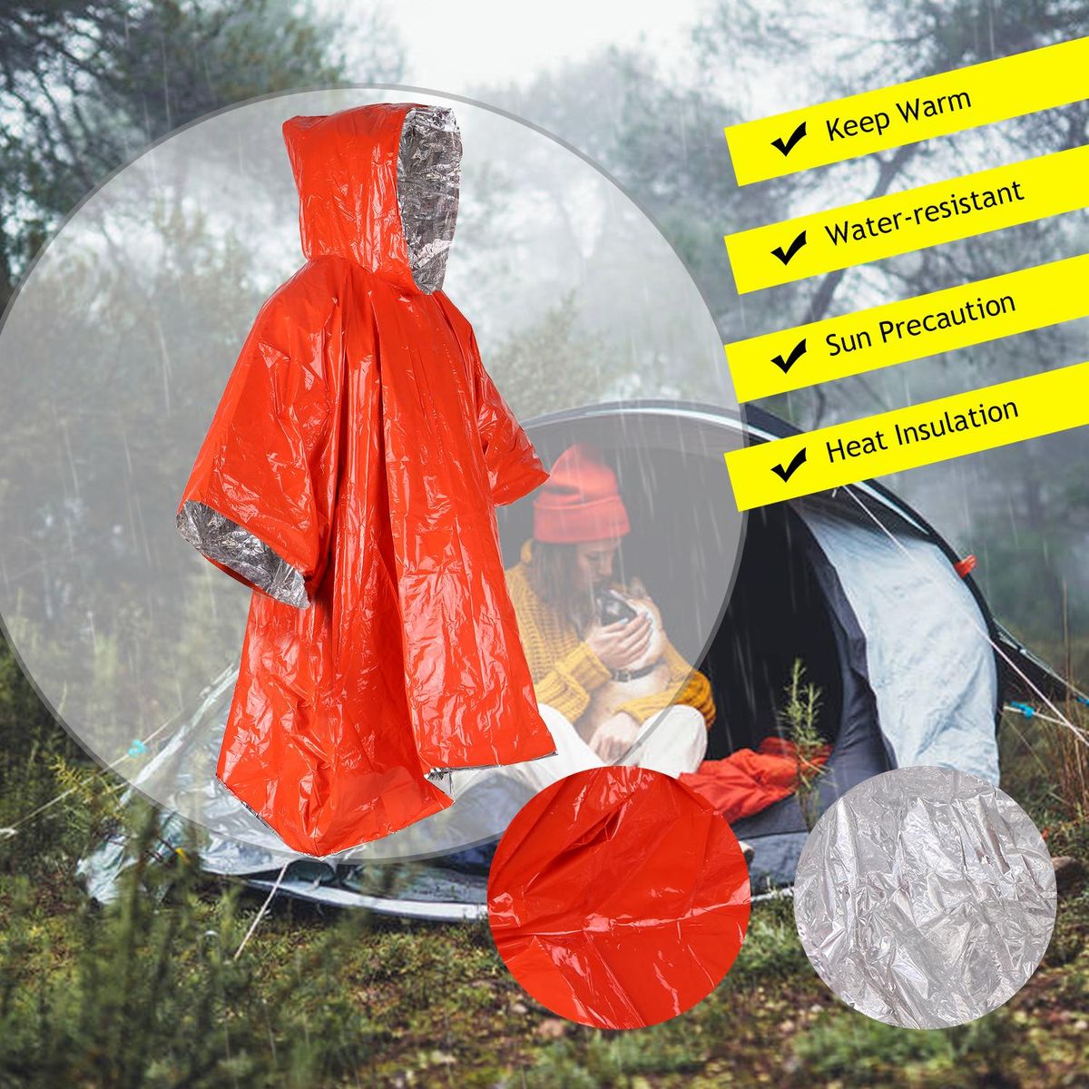 Orange Emergency Raincoat Aluminum Film Disposable Poncho Cold Insulation Rainwear