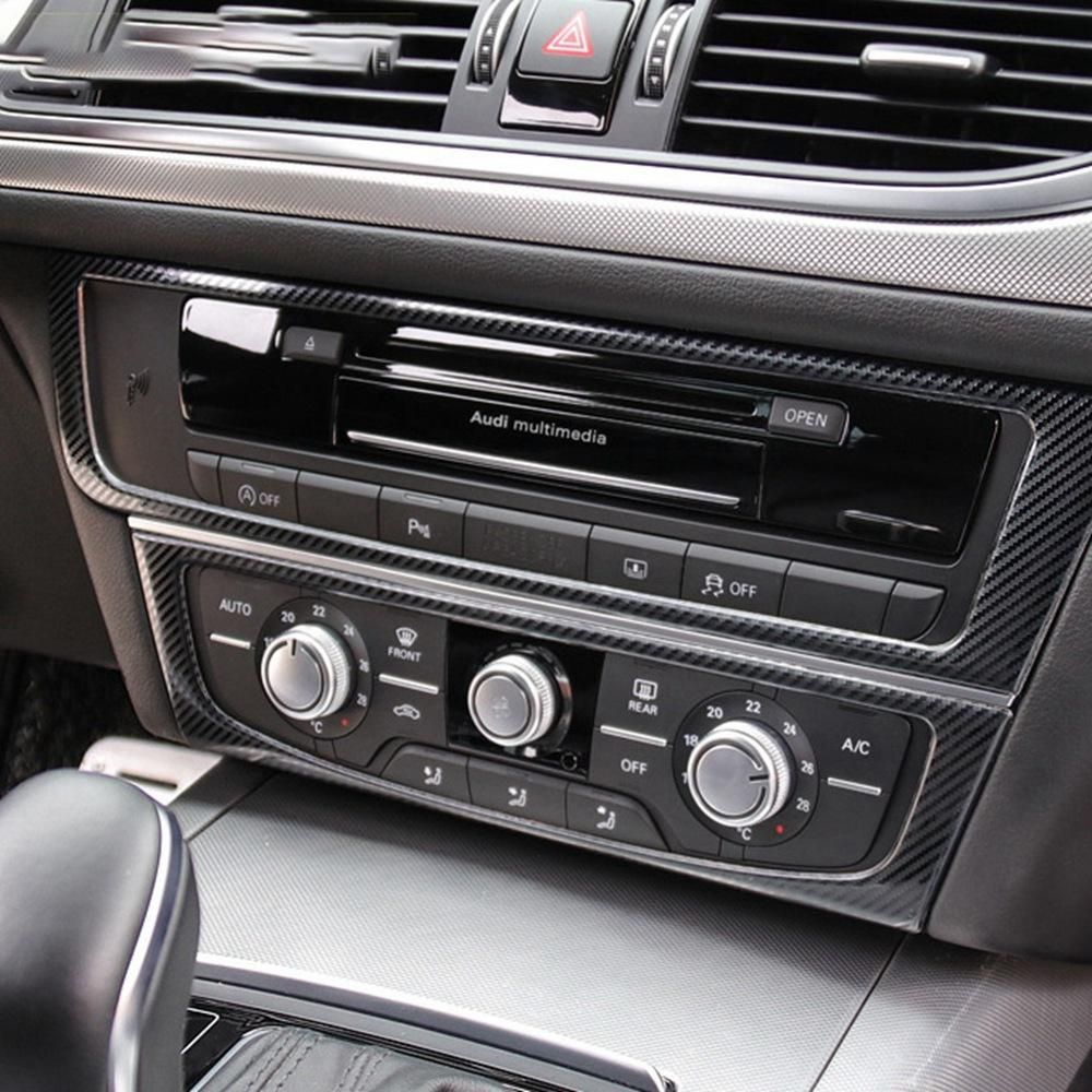 2Pcs Car Carbon Fiber Stainless Steel Console Air Conditioner CD Panel Cover Trim for-Audi A6 C7 A7 2012-2018