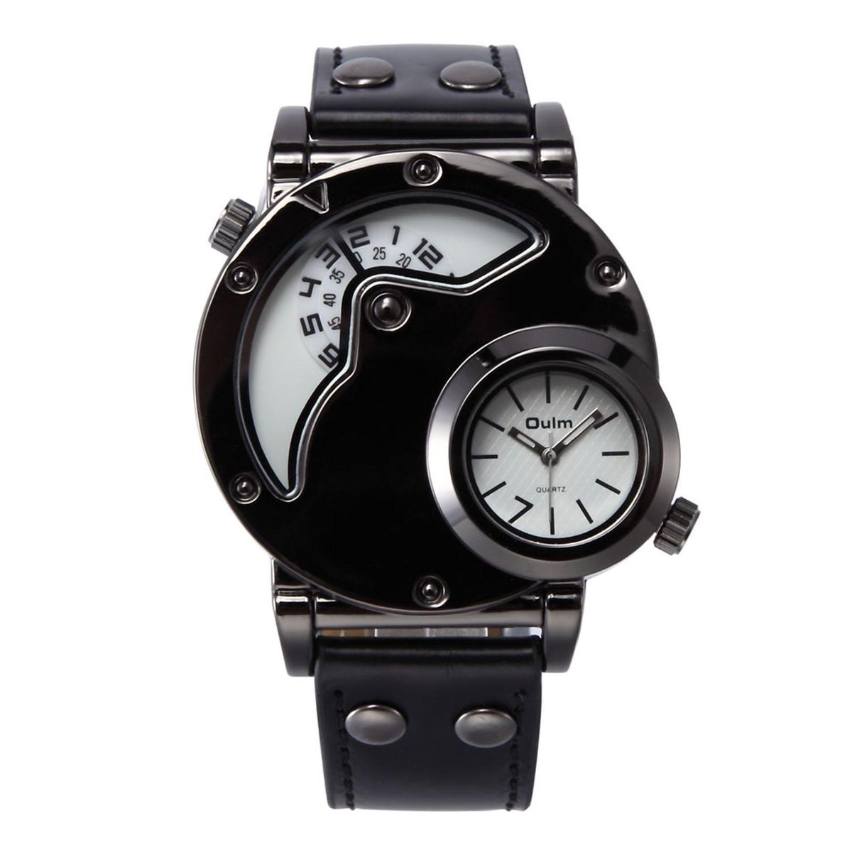 Oulm Watch Two Time Zone Man Quartz Watches Brand Luxury Leather Strap Sport Wristwatch With Two Movement Male Clock Relogio Masculino (White)