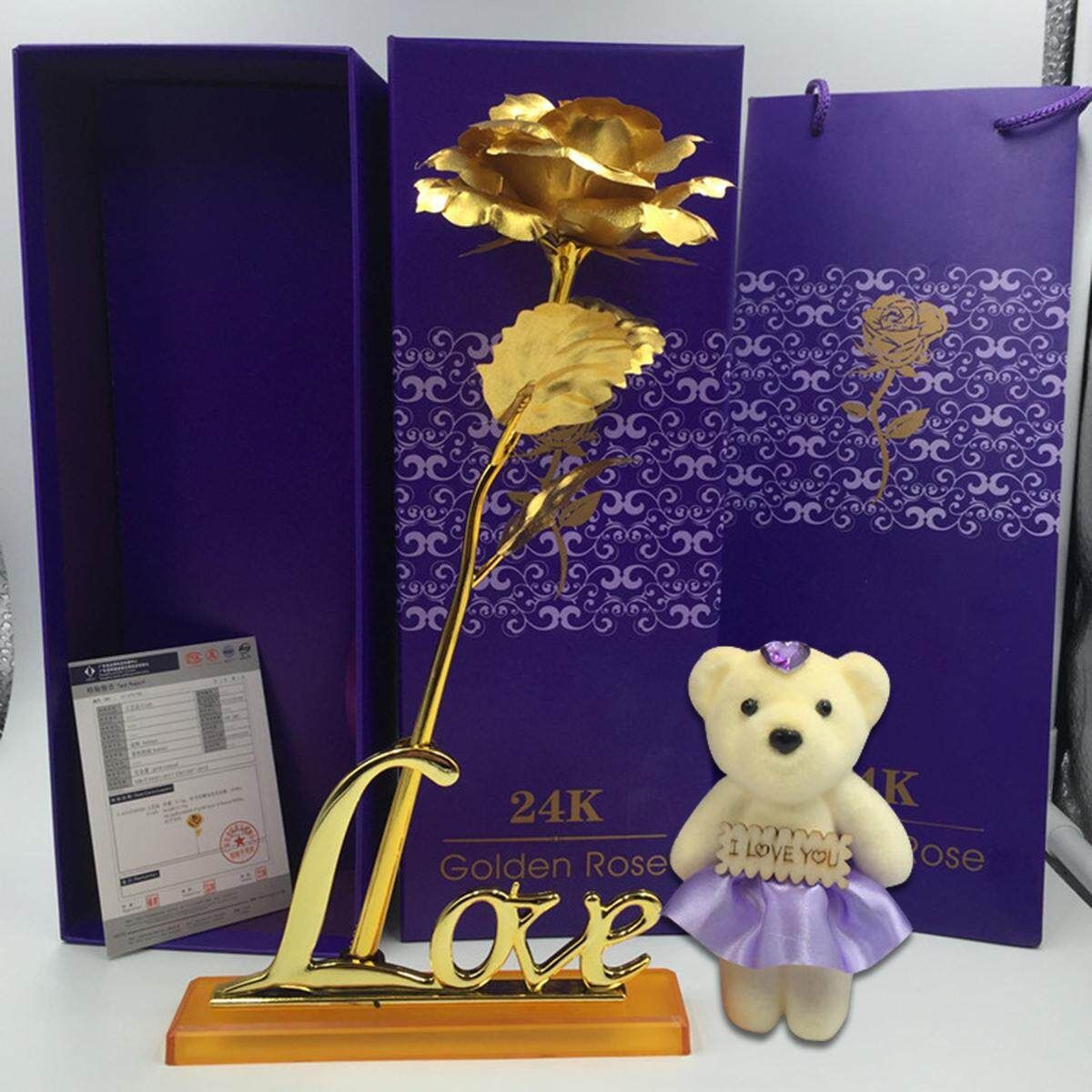 XO Plated Rose Flower Valentine's Day Birthday Gifts + Cute Teddy Bear [With Base] Gold Has A Base