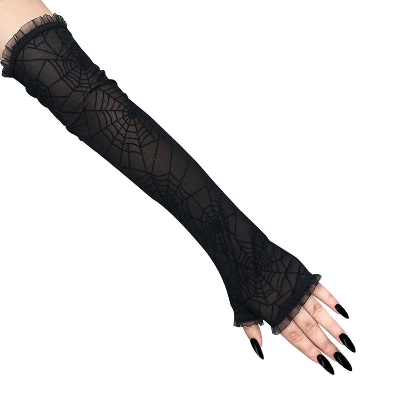 Women Half Finger Gloves New Black Lace Gloves Spider Web P