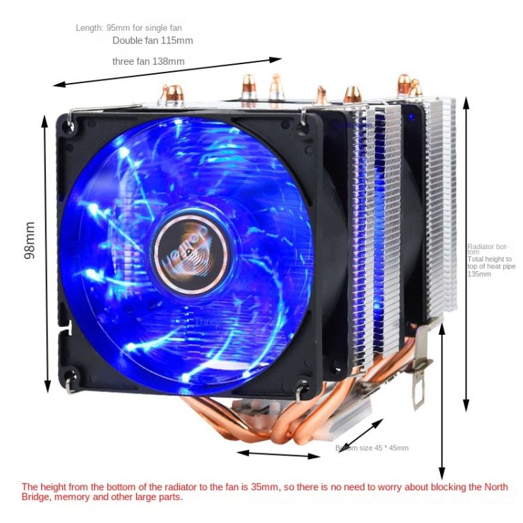 2 Copper Tube CPU Radiator Without Light 3-pin Double Fan 2 Tube Without Light 3-pin Double Fan