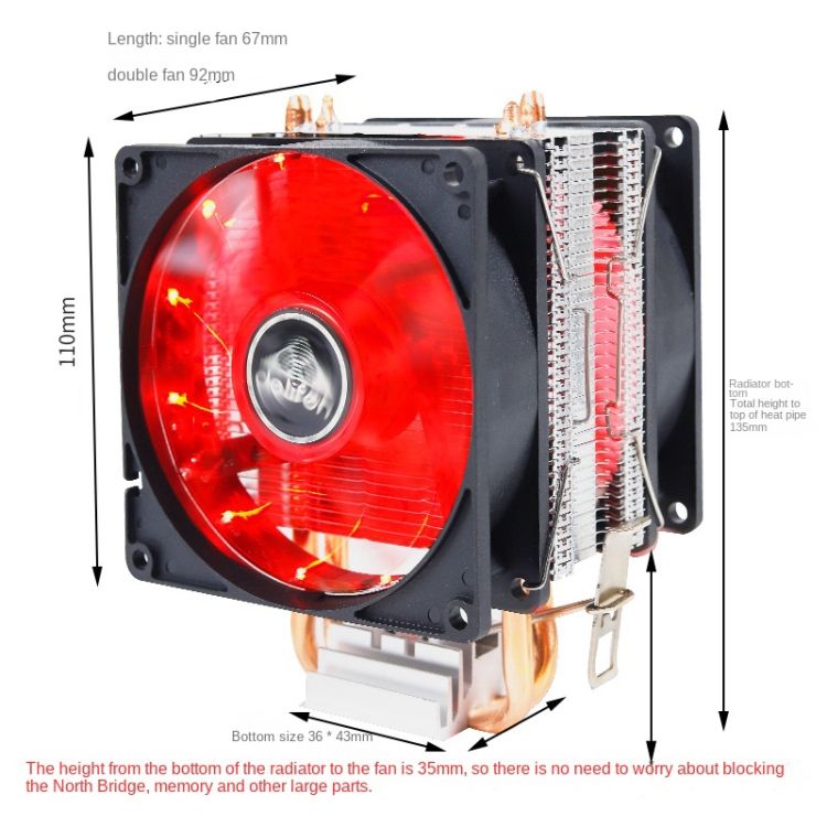 2 Copper Tube CPU Radiator Without Light 3-pin Double Fan 2 Tube Without Light 3-pin Double Fan