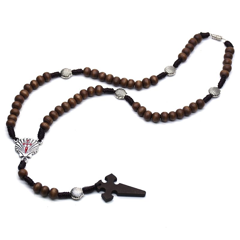 Fashion Wood Beads Rosary Cross Necklace For Women Men