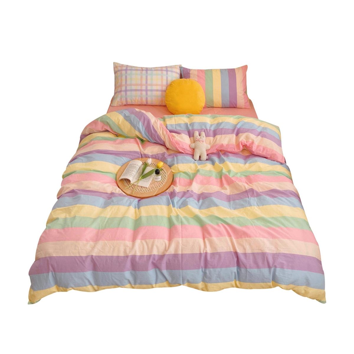Set of 4 Colorful Stripes Cover,Cotton Rainbow Cute Bedding