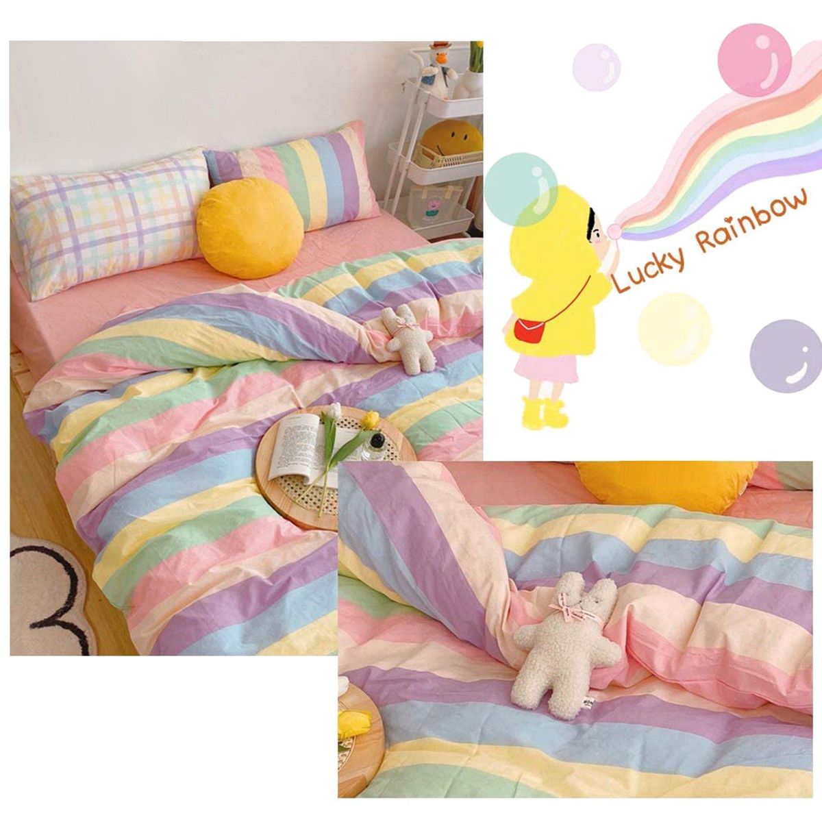 Set of 4 Colorful Stripes Cover,Cotton Rainbow Cute Bedding