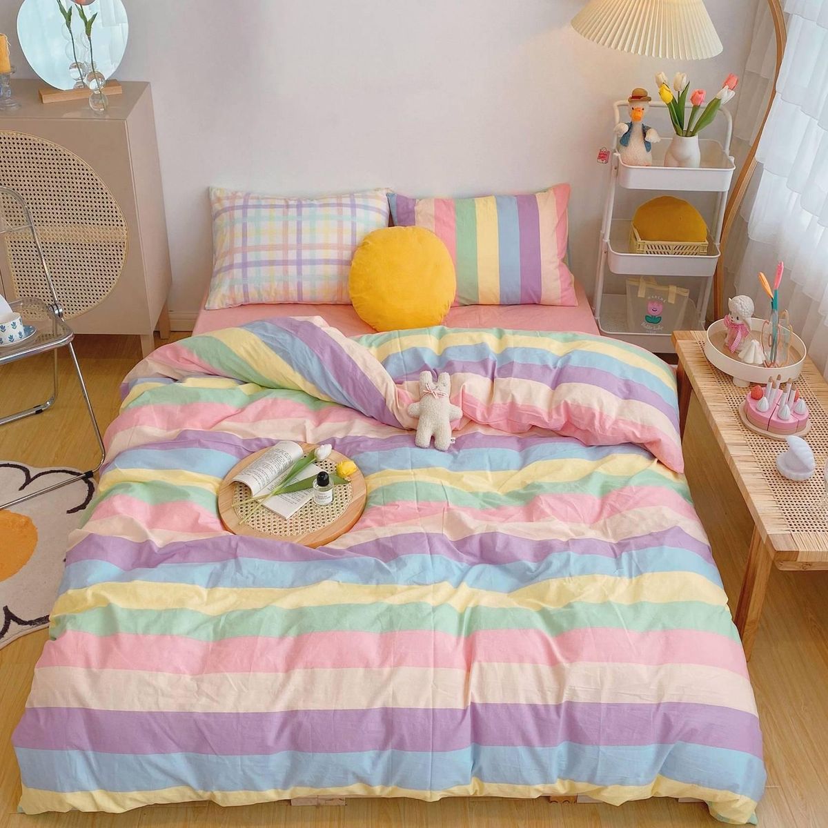 Set of 4 Colorful Stripes Cover,Cotton Rainbow Cute Bedding