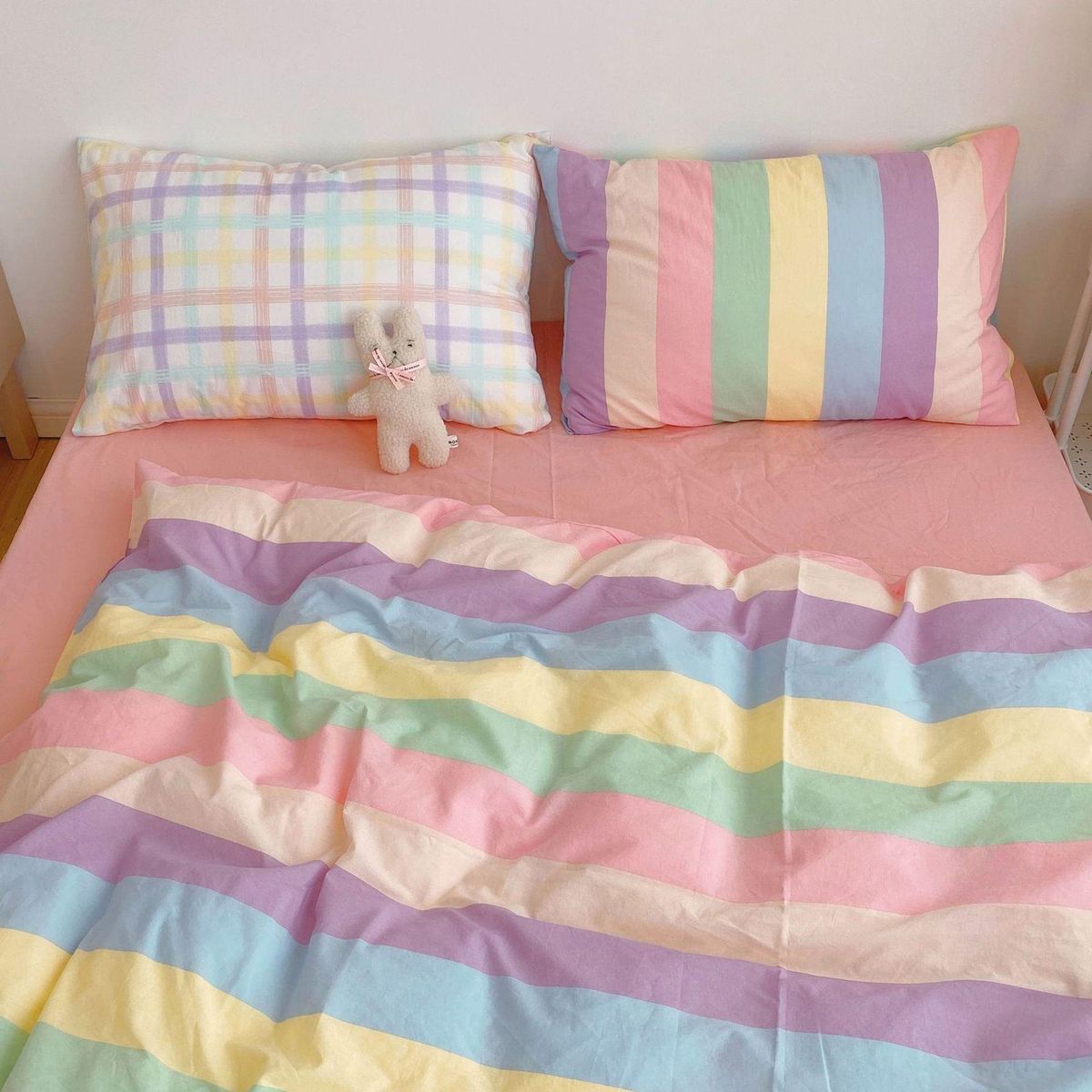 Set of 4 Colorful Stripes Cover,Cotton Rainbow Cute Bedding