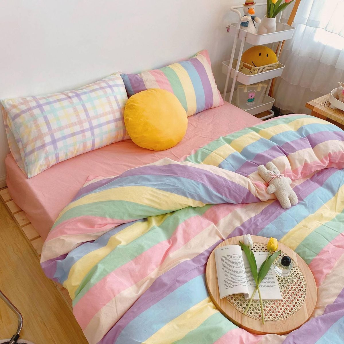 Set of 4 Colorful Stripes Cover,Cotton Rainbow Cute Bedding
