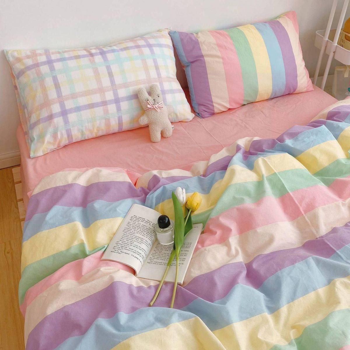 Set of 4 Colorful Stripes Cover,Cotton Rainbow Cute Bedding