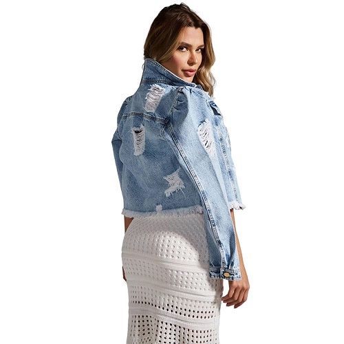 Women's Button Washable Hole Ragged Denim Top