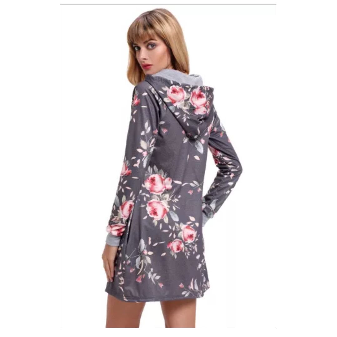Mfed Grey Floral Print Drawstring Hoodies Dress