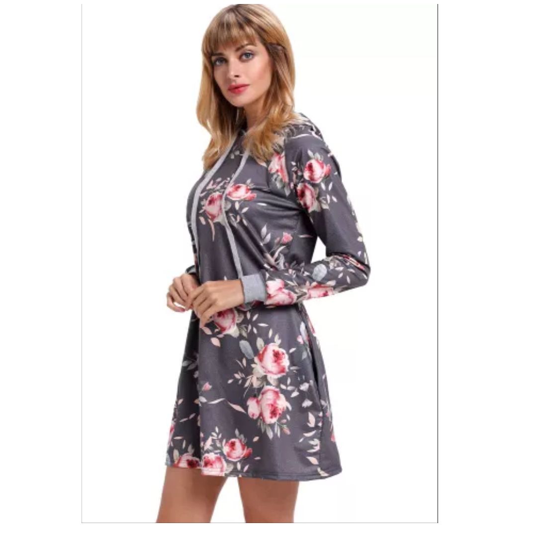 Mfed Grey Floral Print Drawstring Hoodies Dress
