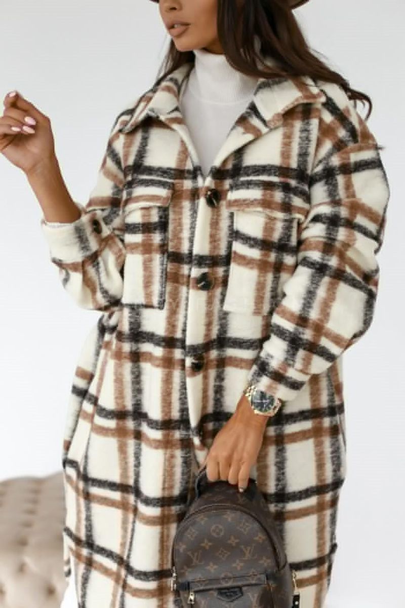 2020 independent station wish hot style autumn and winter long-sleeved button lapel casual warm plaid long woolen coat brown M
