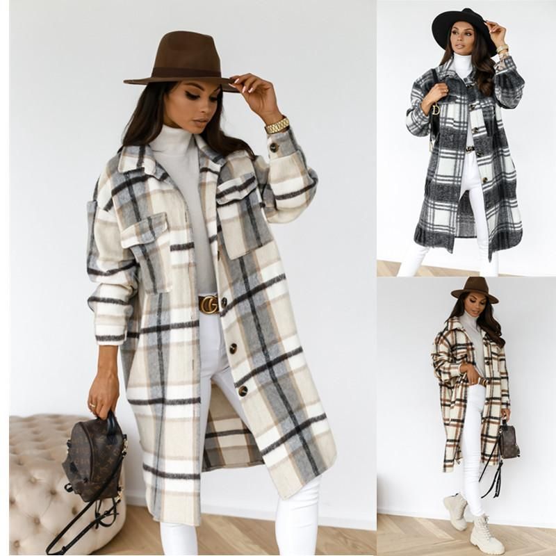 2020 independent station wish hot style autumn and winter long-sleeved button lapel casual warm plaid long woolen coat brown M