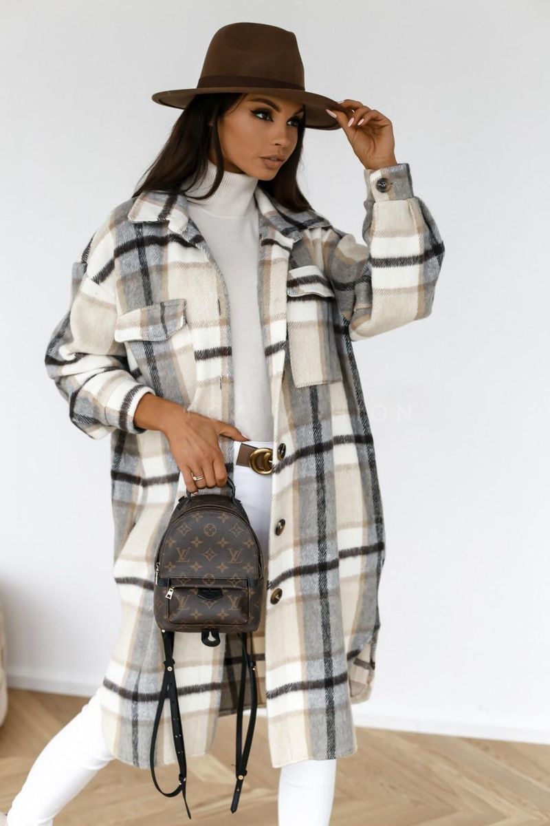 2020 independent station wish hot style autumn and winter long-sleeved button lapel casual warm plaid long woolen coat brown M