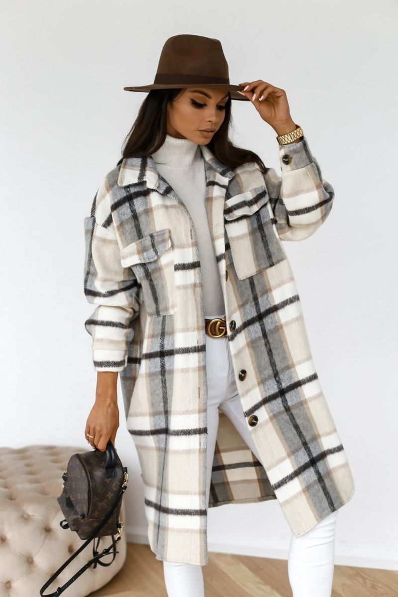 2020 independent station wish hot style autumn and winter long-sleeved button lapel casual warm plaid long woolen coat brown M