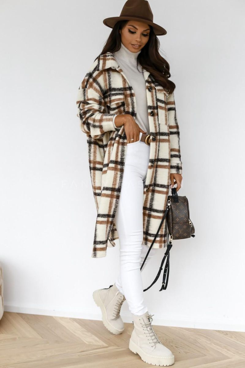 2020 independent station wish hot style autumn and winter long-sleeved button lapel casual warm plaid long woolen coat brown M