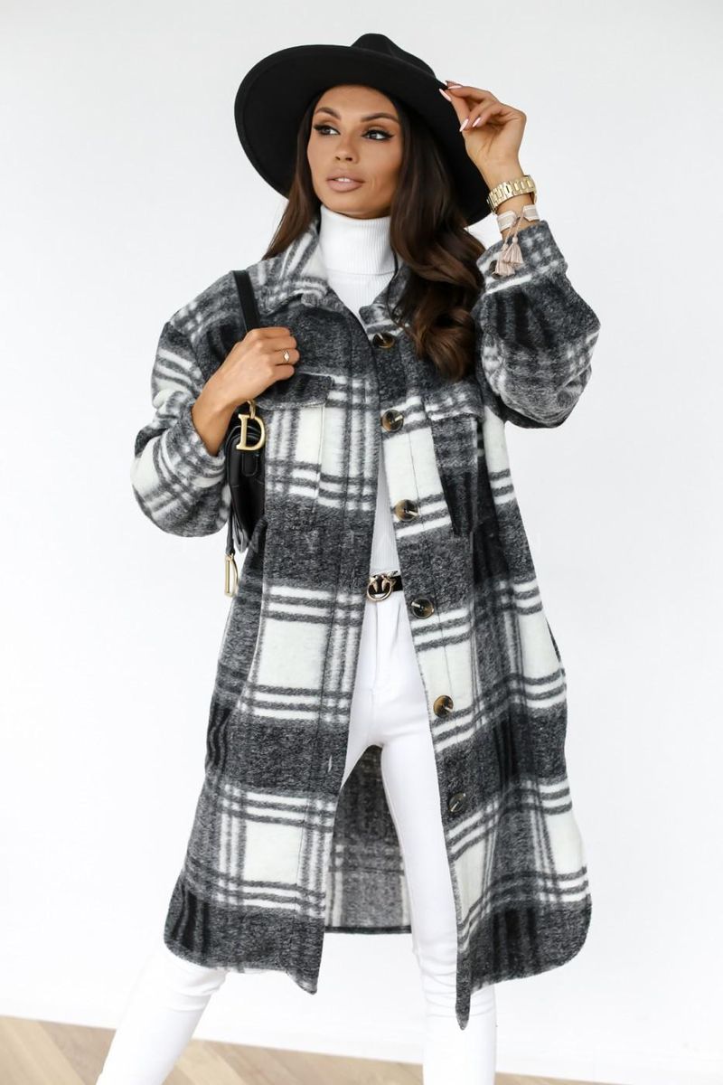 2020 independent station wish hot style autumn and winter long-sleeved button lapel casual warm plaid long woolen coat brown M