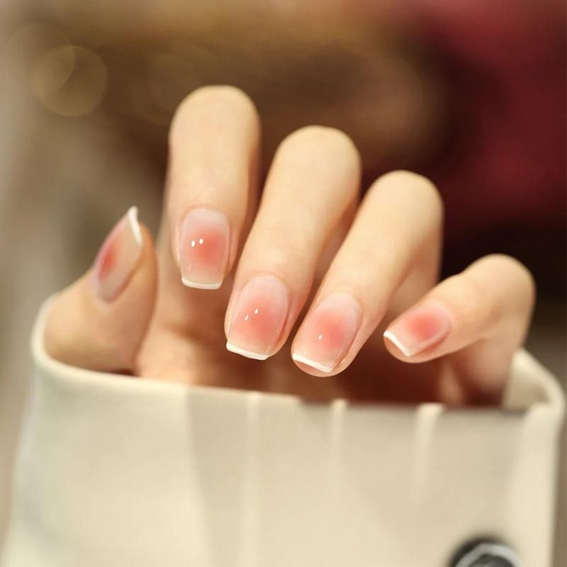 24PCS French Tips Glitter Stone Glossy Nude Short Press On Nails