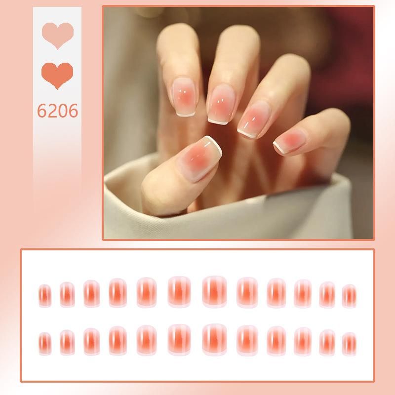 24PCS French Tips Glitter Stone Glossy Nude Short Press On Nails