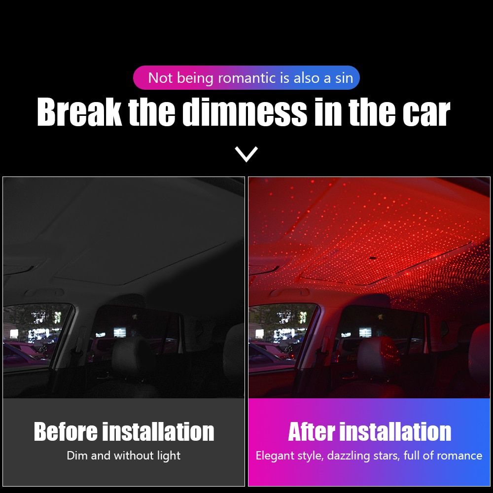 Car Led Interior Lights Starry Sky Ceiling Roof Star Night Light Romantic Projector USB Atmosphere Lamp Adjustable Galaxy Lights Blue