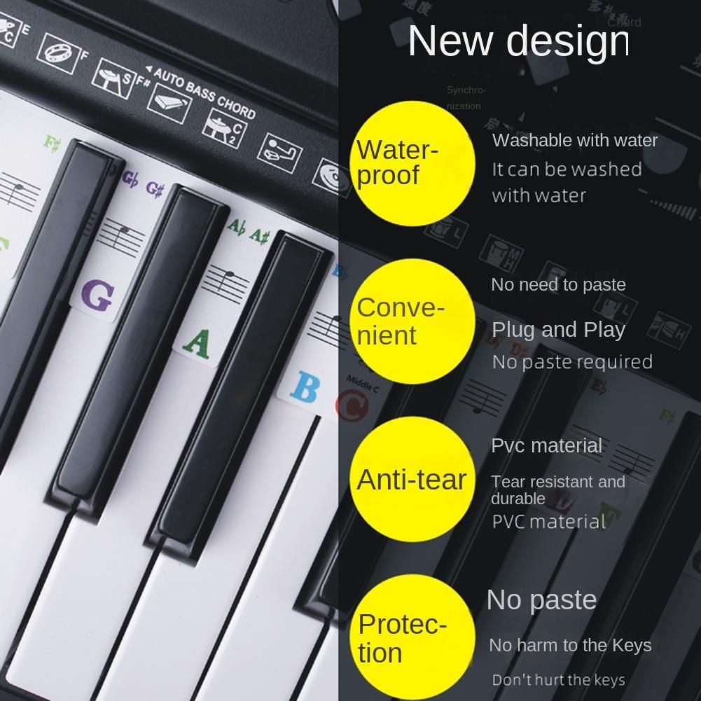 Piano Keyboard Stickers Grand/Electric Piano 61 Keys Stave Notation Note Strip Label Symbol for Beginners Students