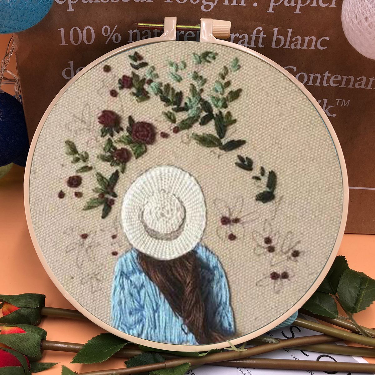 Shiny Lady Embroidery Kit DIY Needlework Modern Girl Pattern Needlecraft For Beginner Cross Stitch Artcraft Tools(With Hoop) E