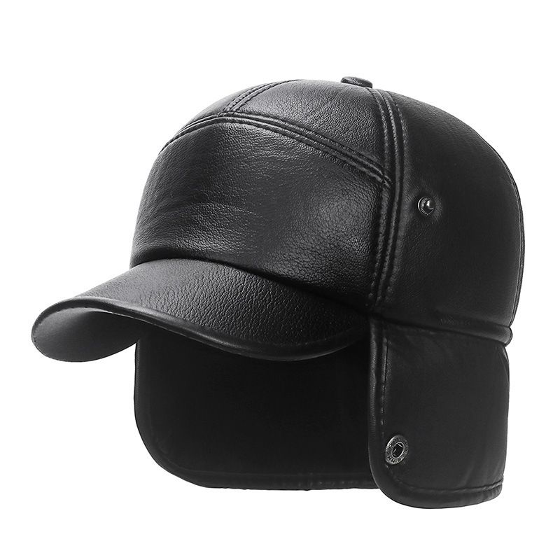 Winter Hat Men Women Russian Black Leather Ushanka Cap With Ear Flaps Fur Warm Leather Baseball Cap(No.#1)
