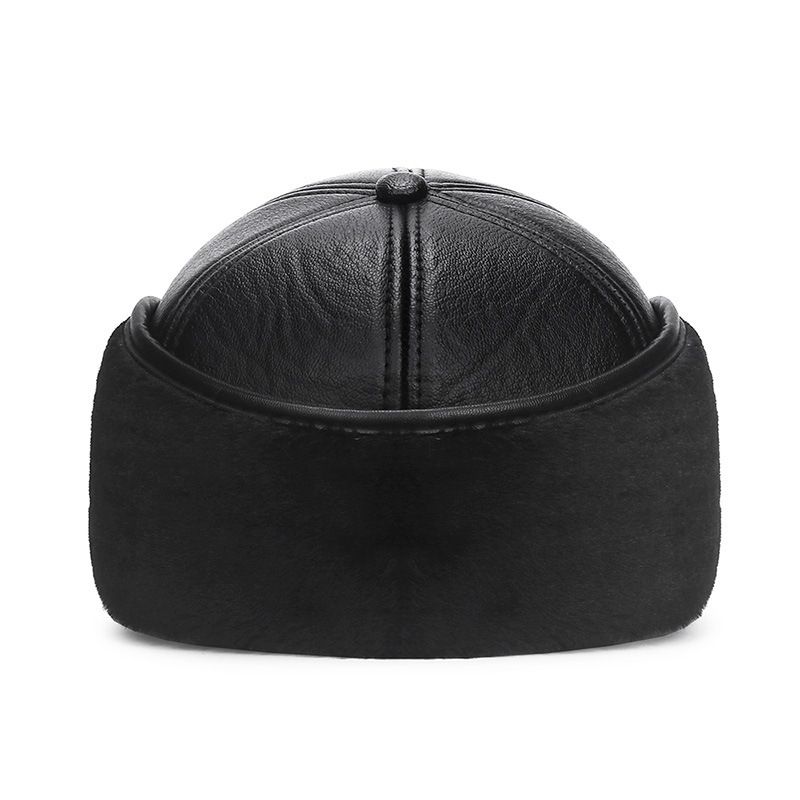 Winter Hat Men Women Russian Black Leather Ushanka Cap With Ear Flaps Fur Warm Leather Baseball Cap(No.#1)