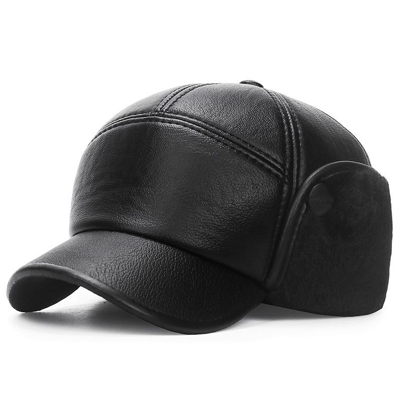Winter Hat Men Women Russian Black Leather Ushanka Cap With Ear Flaps Fur Warm Leather Baseball Cap(No.#1)