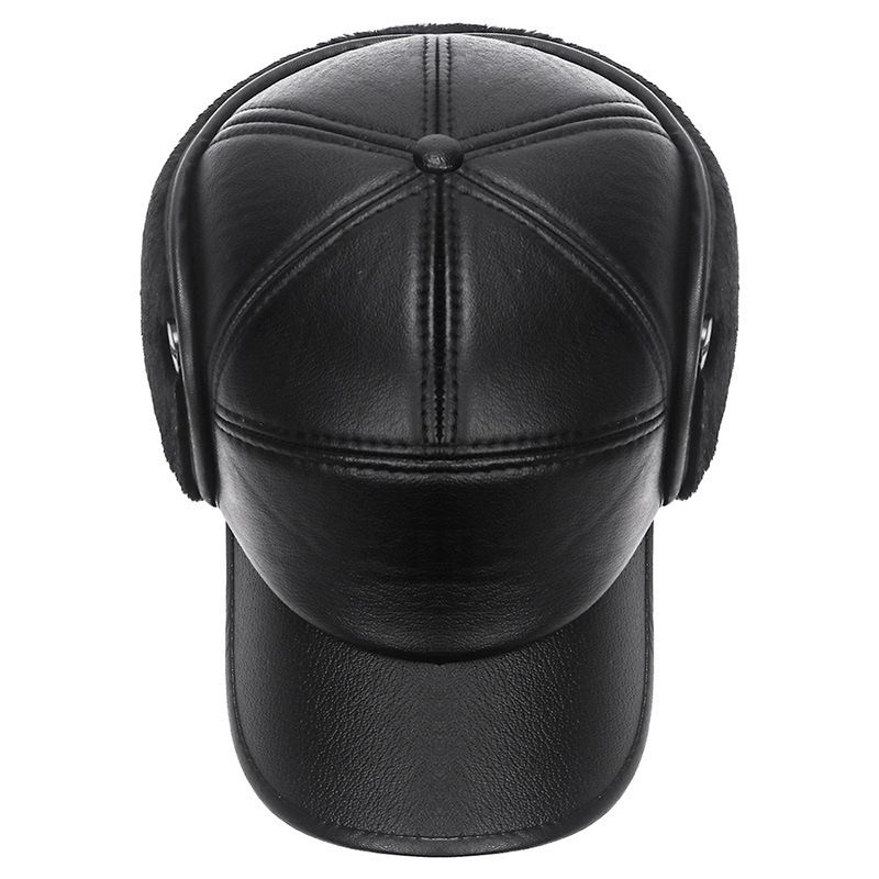 Winter Hat Men Women Russian Black Leather Ushanka Cap With Ear Flaps Fur Warm Leather Baseball Cap(No.#1)