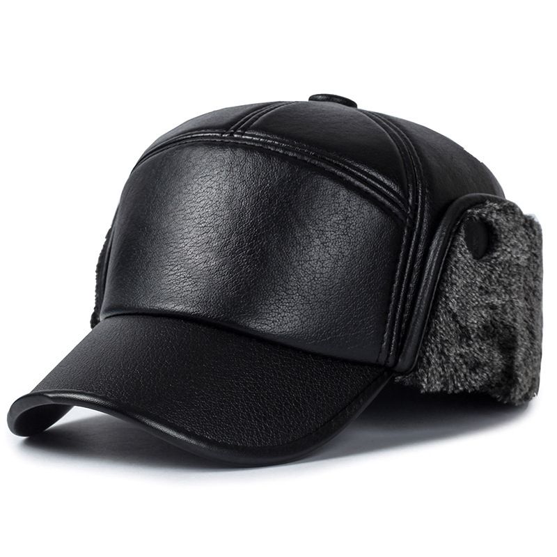 Winter Hat Men Women Russian Black Leather Ushanka Cap With Ear Flaps Fur Warm Leather Baseball Cap(No.#1)