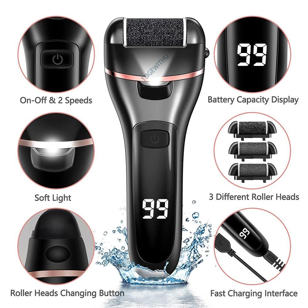Electric Callus Remover for Feet, Rechargeable Foot Scrubber Foot File Hard Skin Remover Pedicure Tools Set for Feet Waterproof Pedicure kit for Cracked Heels and Dead Skin with LED Light and 3 Roller Heads