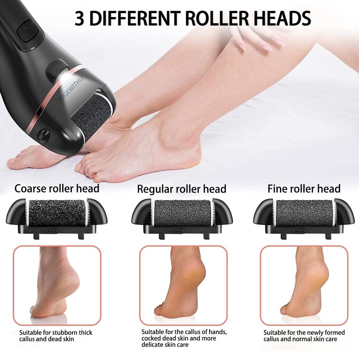 Electric Callus Remover for Feet, Rechargeable Foot Scrubber Foot File Hard Skin Remover Pedicure Tools Set for Feet Waterproof Pedicure kit for Cracked Heels and Dead Skin with LED Light and 3 Roller Heads