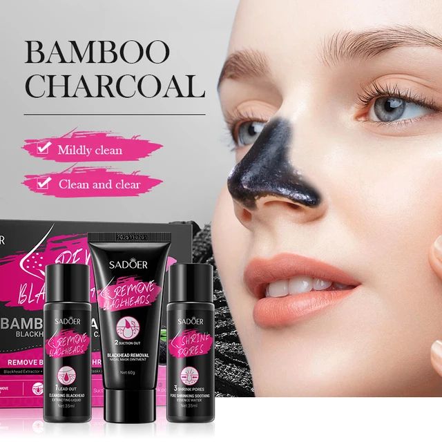BAMBOO CHARCOAL BLACKHEAD REMOVAL CARE SET. (Blackhead Extractor +  Nasal Mask +  Serum)
