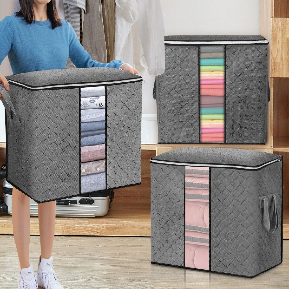 50x35x50cm 4 Pack Large Capacity Clothes Storage Bag Organizer Reinforced Handle Thick Fabric Sturdy Zipper Clear Window 80L Storage Boxes For Comforters Blankets Bedding Foldable Light Grey