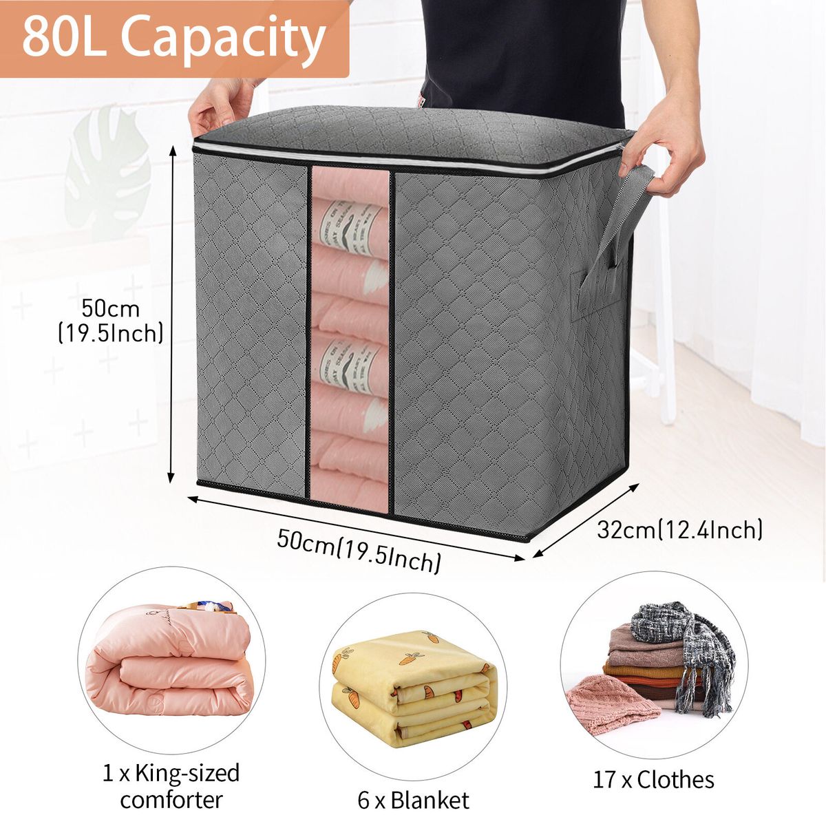 50x35x50cm 4 Pack Large Capacity Clothes Storage Bag Organizer Reinforced Handle Thick Fabric Sturdy Zipper Clear Window 80L Storage Boxes For Comforters Blankets Bedding Foldable Light Grey