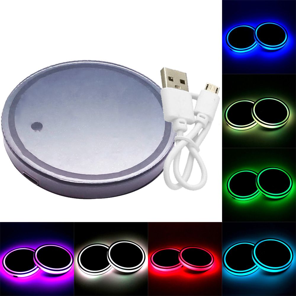 (Color)2X Car Dome LED Cup Holder Automotive Interior Lamp USB Multi- Colorful Atmosphere Light Drink Holder Anti-Slip Mat Product Bulb
