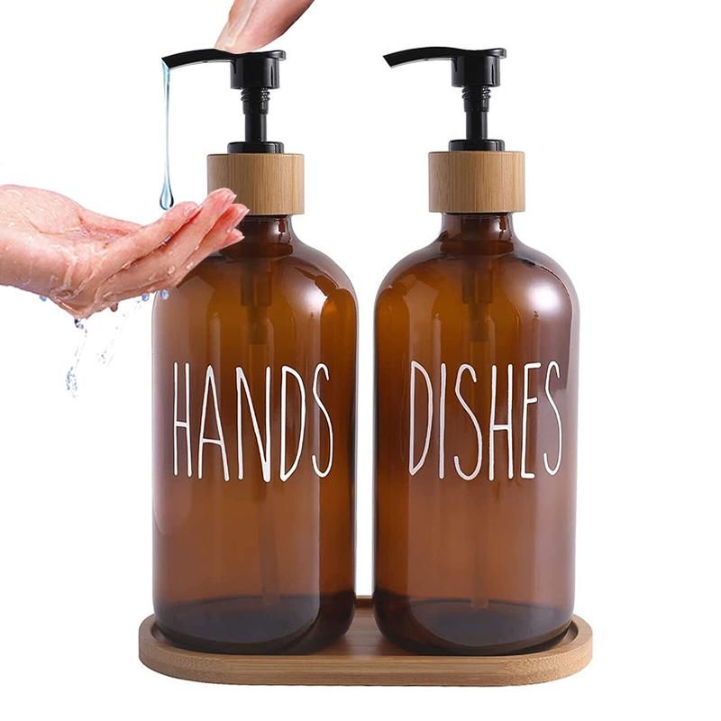 Tawny Glass Soap Dispenser Set: 500ml With Wood Tray For Hom