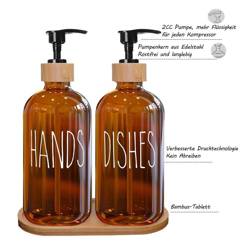 Tawny Glass Soap Dispenser Set: 500ml With Wood Tray For Hom